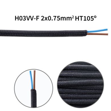 Flexible round fabric covered electrical cable H03VV-F 2x0,75 D.6.2mm black TO62
