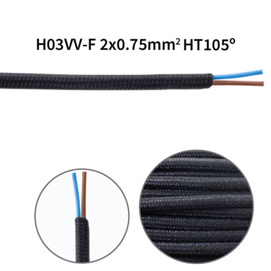 Flexible round fabric covered electrical cable H03VV-F 2x0,75 D.6.2mm black TO62