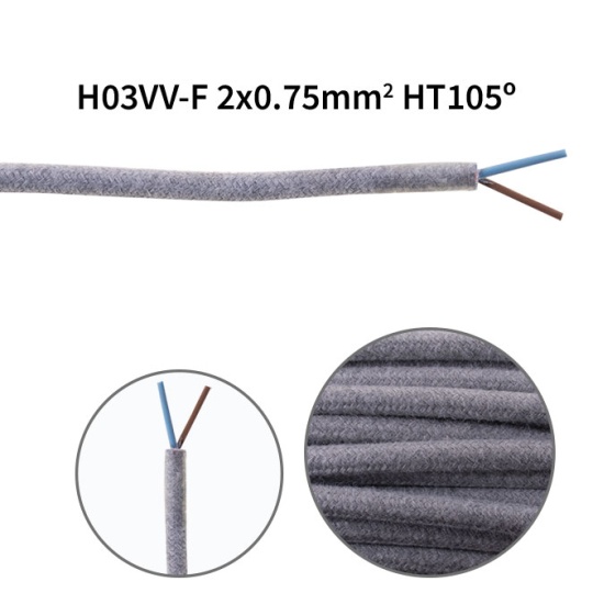 Cable eléctrico cubierto con tela redonda flexible H03VV-F 2x0,75 D.6.8mm gris TO413