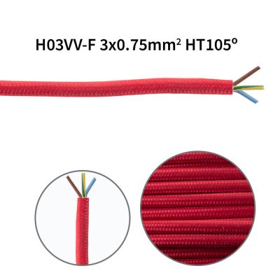 Flexible round fabric covered electrical cable H03VV-F 3x0,75 D.6.4mm red TO57