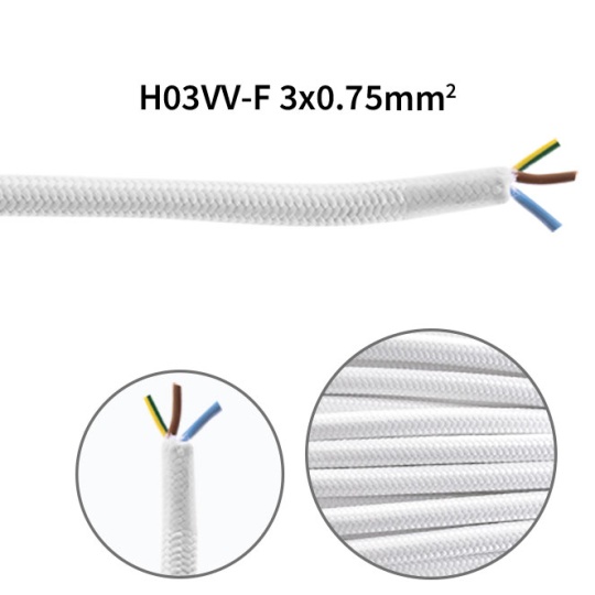 Flexible round fabric covered electrical cable H03VV-F 3x0,75 D.6.4mm white TO53