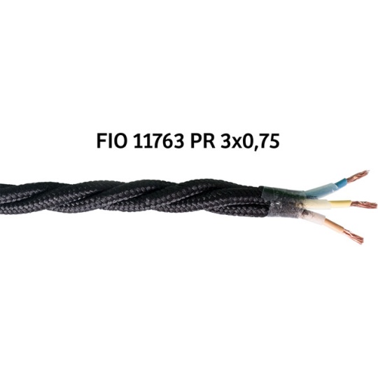 Twisted fabric covered electrical cable H05V2-K FRRTX 3x0,75 D.6.4mm black TR12